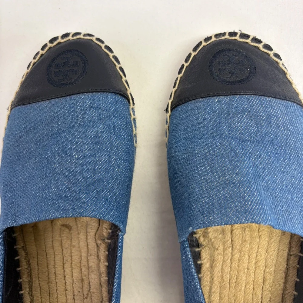 Tory Burch Espadrille Flats Womens 7.5 Blue Denim Leather Cap Toe Nautical 46767